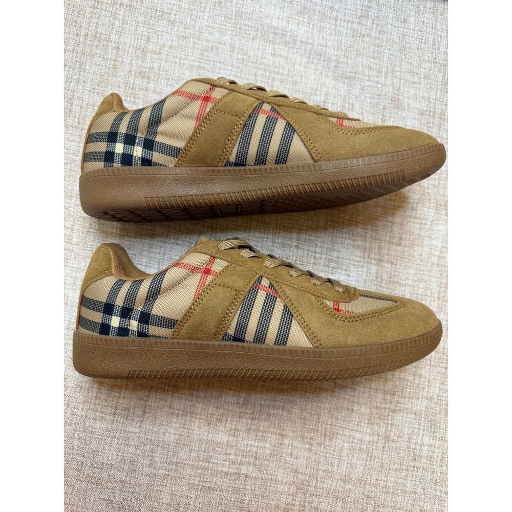 Mens Plaid Suede Low Top Sneakers Tan Brown Size 8.5 US 41 EUR